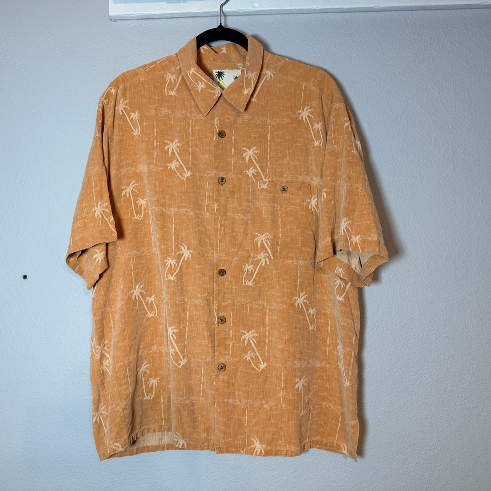 Banana Cabana Silk Button Up Hawaiian Shirt Mens Size Large Orange Palm Trees